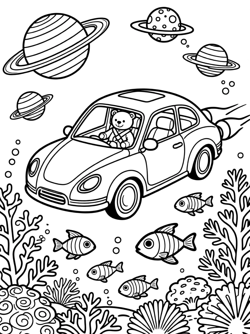 A sleek flying car with glowing thruster lights is shown journeying through a coral reef bursting with fish beneath clear blue water, with a teddy bear buckled safely into the passenger seat close by and planets with colorful rings floating nearby completing the lively scene.
