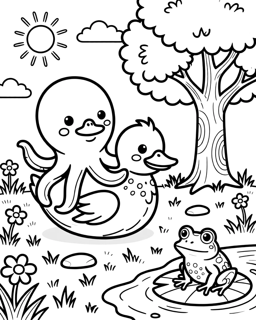 A friendly octopus in a sunny meadow, riding on the back of a duckling, next to a towering oak tree, while a curious frog watches from a lily pad.