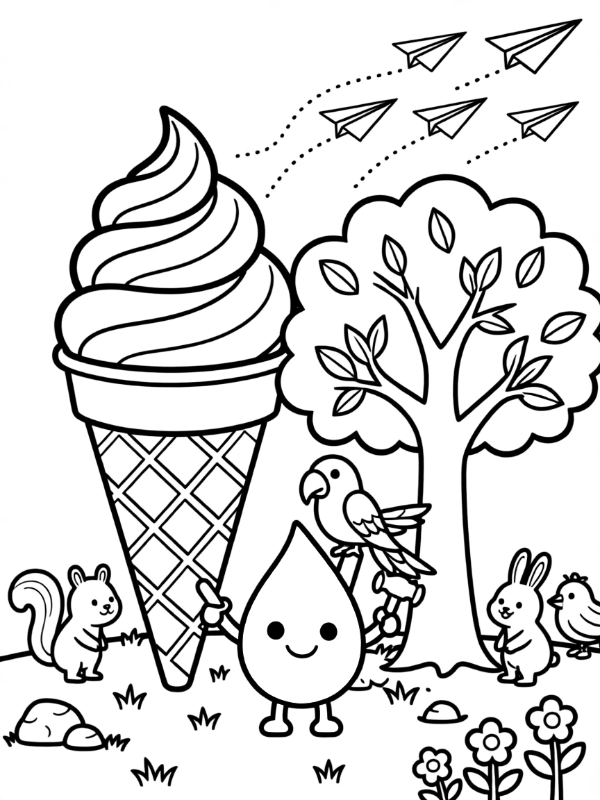 At an ice cream parlor shaped like a giant cone, a chirpy raindrop sprite is busy building a treehouse with hammer and nails, cheered on by a flock of paper airplanes soaring overhead and a chatty parrot perched on one shoulder. Every creature nearby wants to join in the fun.
