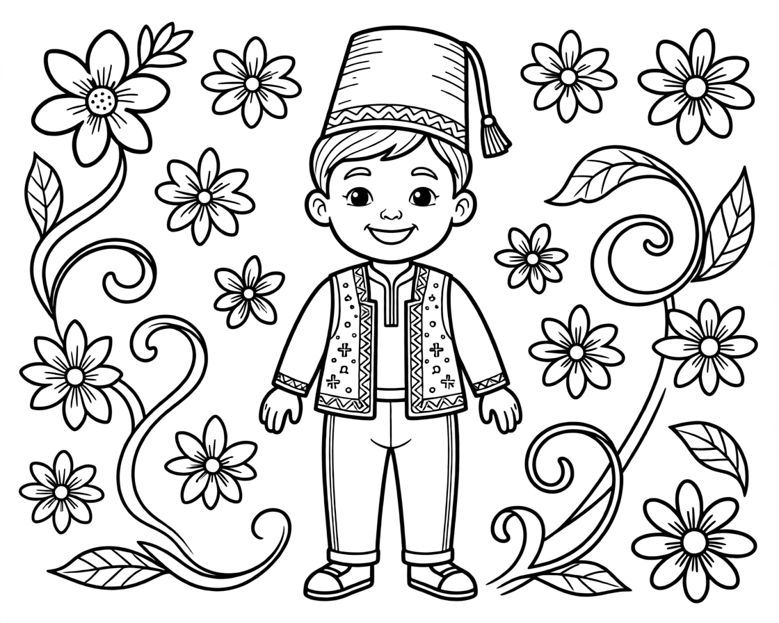 A coloring page from Turkey showing a child wearing an embroidered vest with a red fez cap, posed for a festival photo with flowers and ribbons decorating the background.
