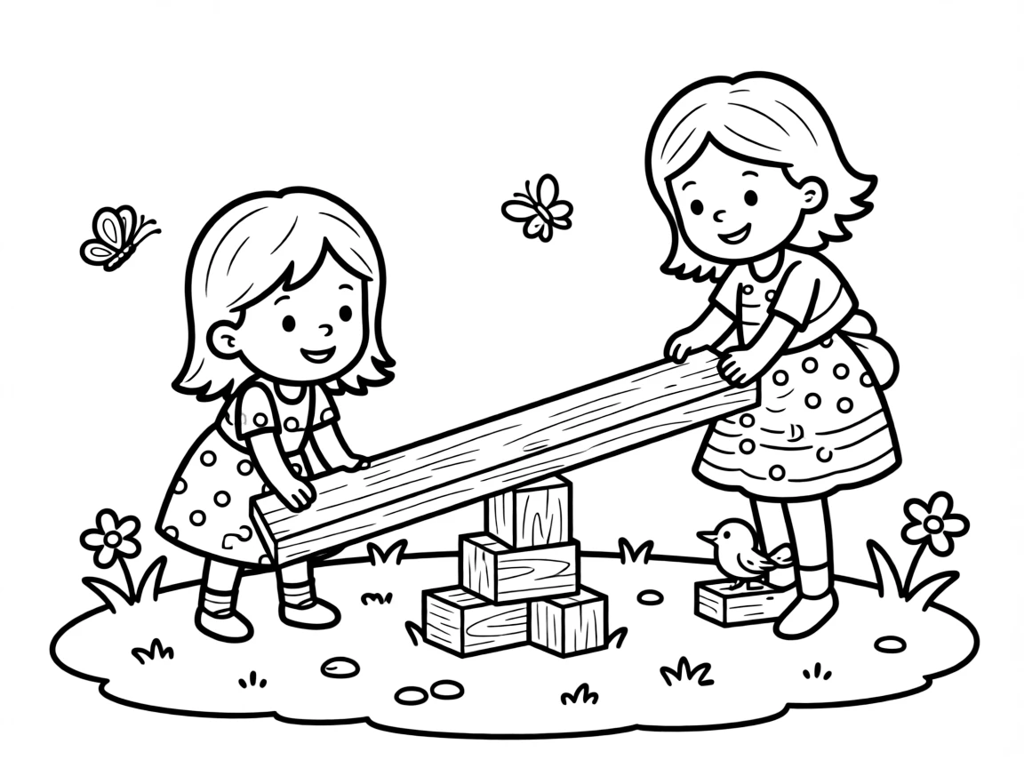 gentle twin sisters build a see-saw out of a wooden plank and a stack of blocks to test balance.