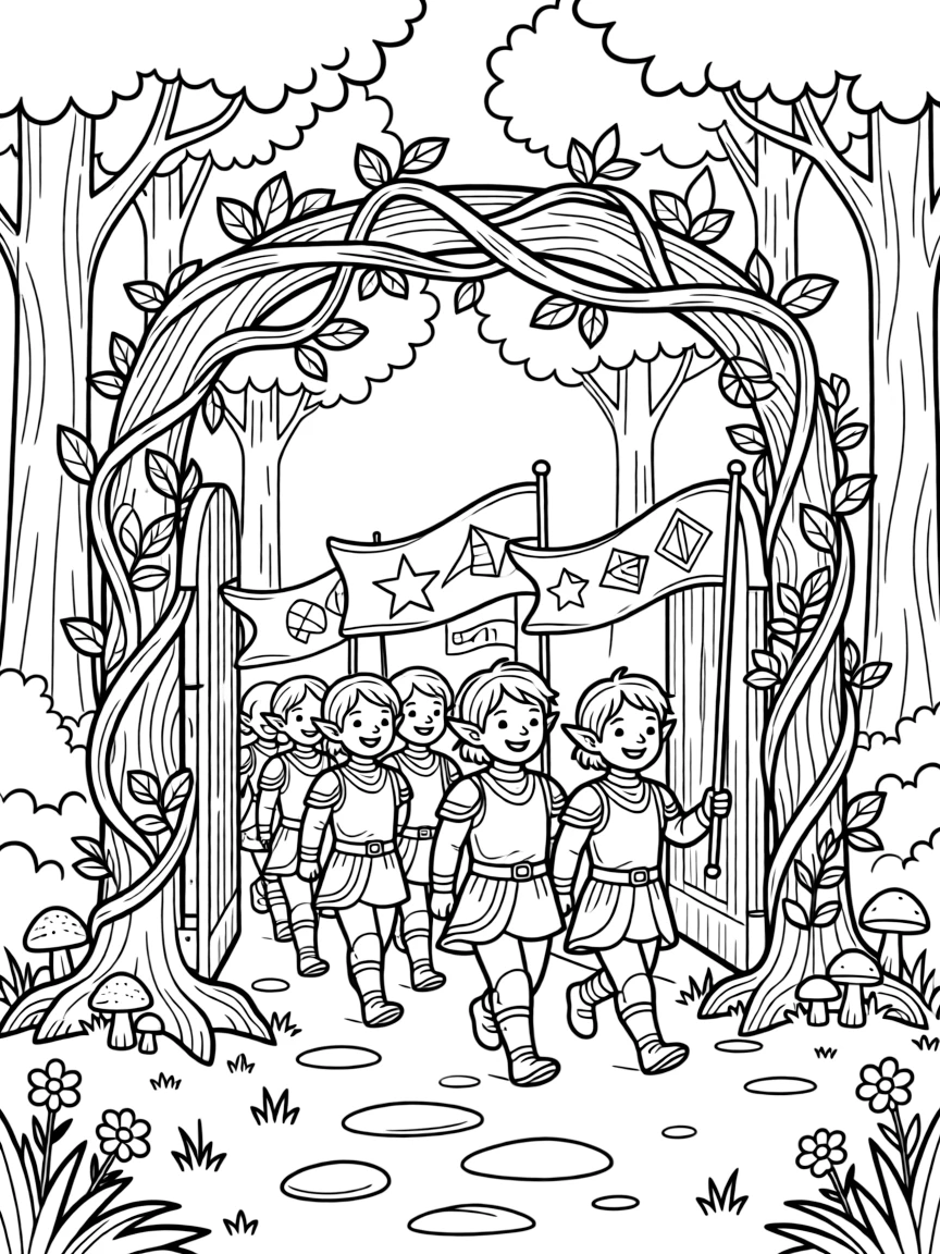 A troop of elf soldiers march proudly through a forest gate, banners fluttering, returning home from a peaceful diplomatic journey.