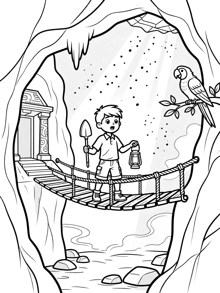 [Treasure Hunts] an adventurer with a shovel and lantern following a rope bridge to a hidden temple inside a torch-lit cave, gasping in amazement, while a parrot perches on a nearby branch fills the surrounding area. Sunlight filters through cracks in the ceiling. Set on a foggy morning, with dust kicked up by the wind, the page bursts with adventure and imagination.