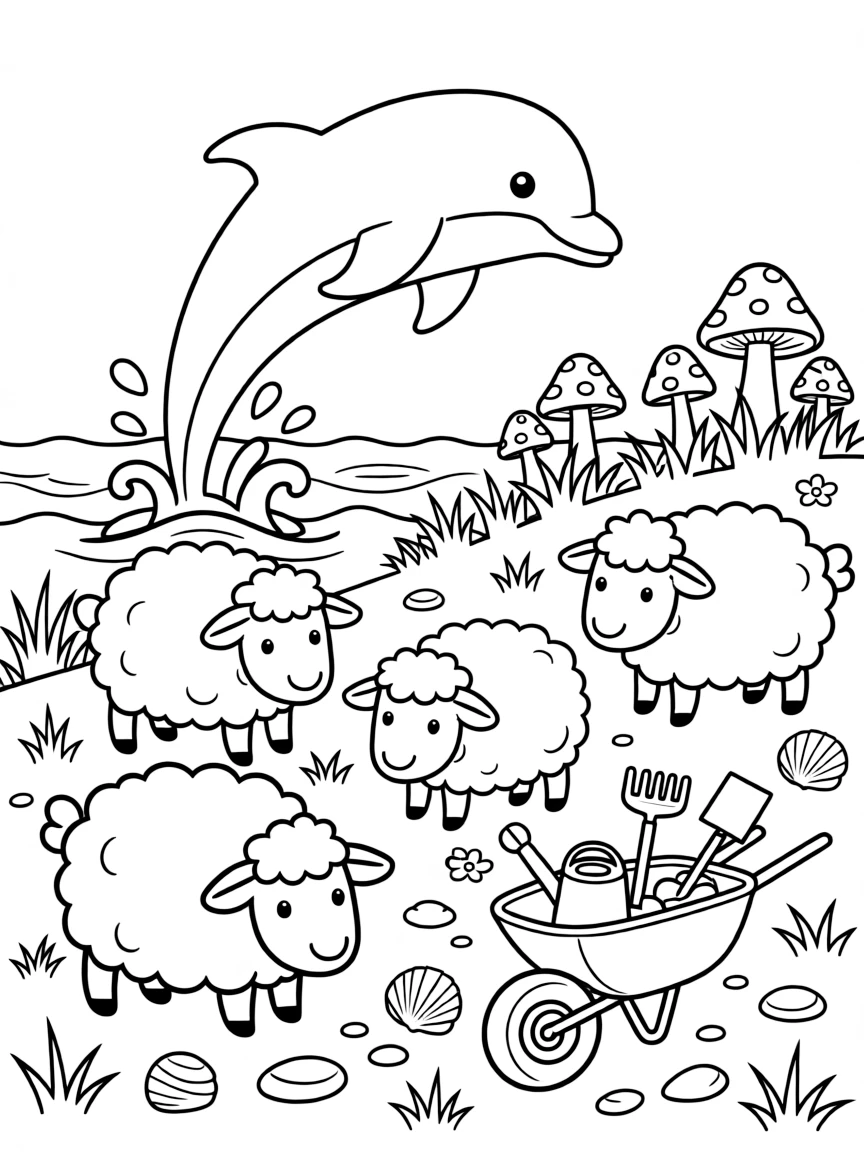 A friendly dolphin leaping over the waves is sorting seashells and pebbles by size and color in a meadow where fluffy sheep graze. In the background, tiny mushrooms with spotted caps peeking through the grass and a wheelbarrow filled with garden tools add a playful, cheerful touch.