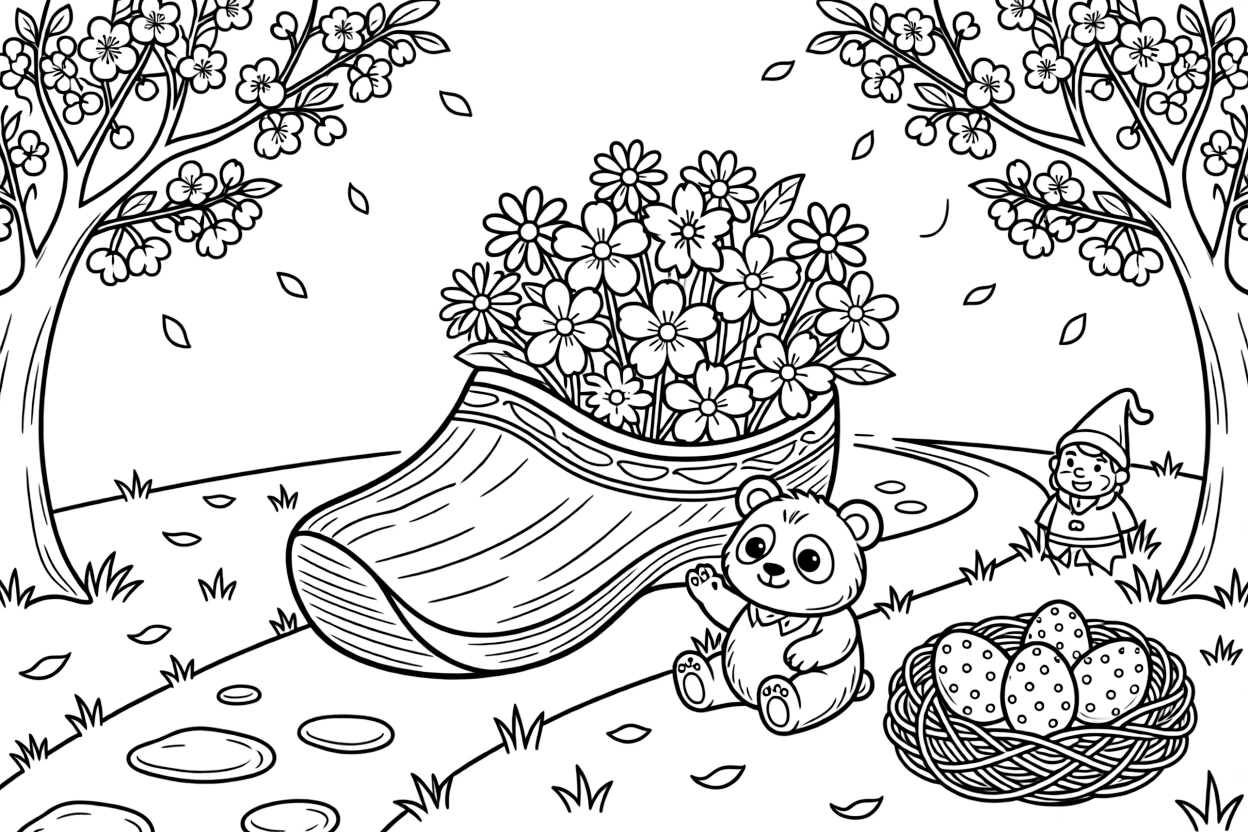 A wooden clog filled with cheerful blossoms along a path lined with blossoming cherry trees, with a chubby panda cub playing close by amid a nest with three speckled eggs and a garden gnome peeking from the flowers.