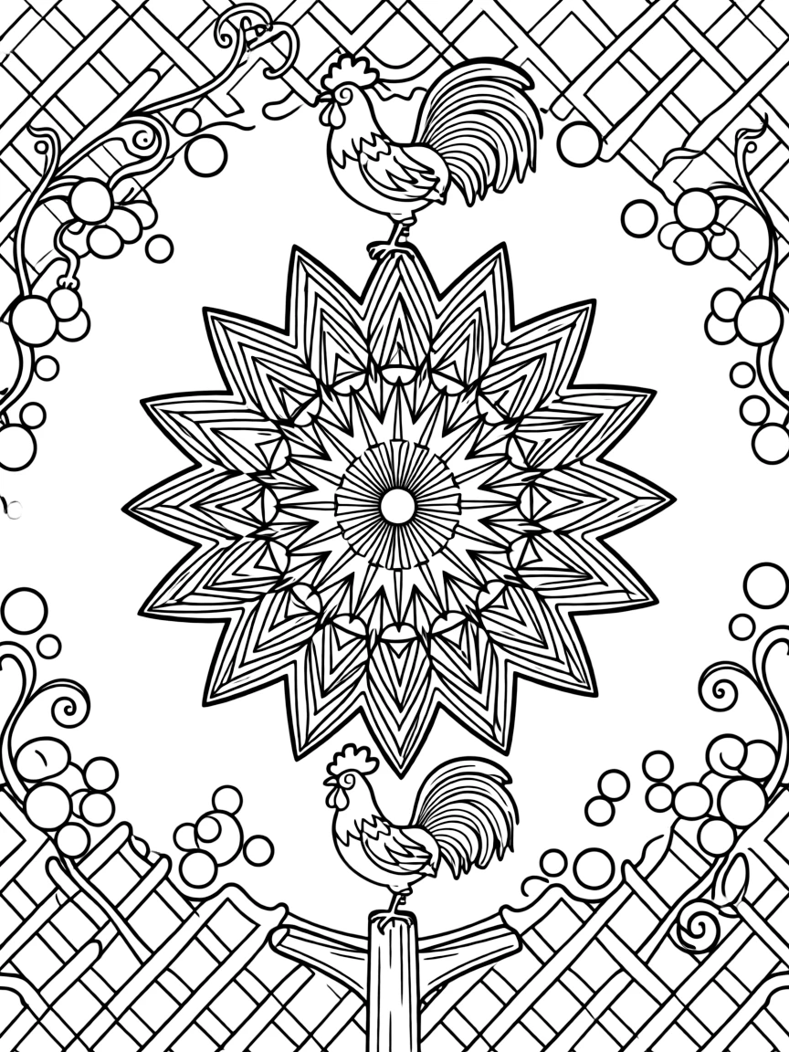 Farm Animals: The design turns a proud rooster standing atop a fence post into a kaleidoscope-style composition anchored by a crystal-facet mandala built from angular repeating shapes. The imagery is multiplied into a circular burst of matching pieces that rotate evenly around the page's center point. Decorative details fill the surrounding space, including a grid of lattice diamonds, clusters of round bubbles, and twisting berry-vine garlands woven throughout the background. A playful extra touch completes the page: a small key shape tucked discreetly among the pattern details.