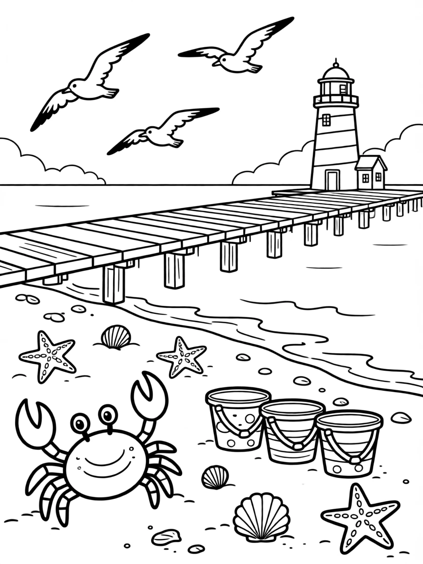 [Sandy Beaches] A friendly crab scuttles sideways across the sand, dodging a row of colorful beach buckets. Seagulls circle overhead while starfish and shells are scattered across the wet sand. A wooden pier stretches out over the water, with a lighthouse visible in the distance. Soft morning light glows over the calm sea as the first footprints appear in the sand.