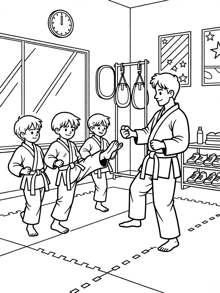 A martial arts instructor teaches kids a karate kick in a training studio.