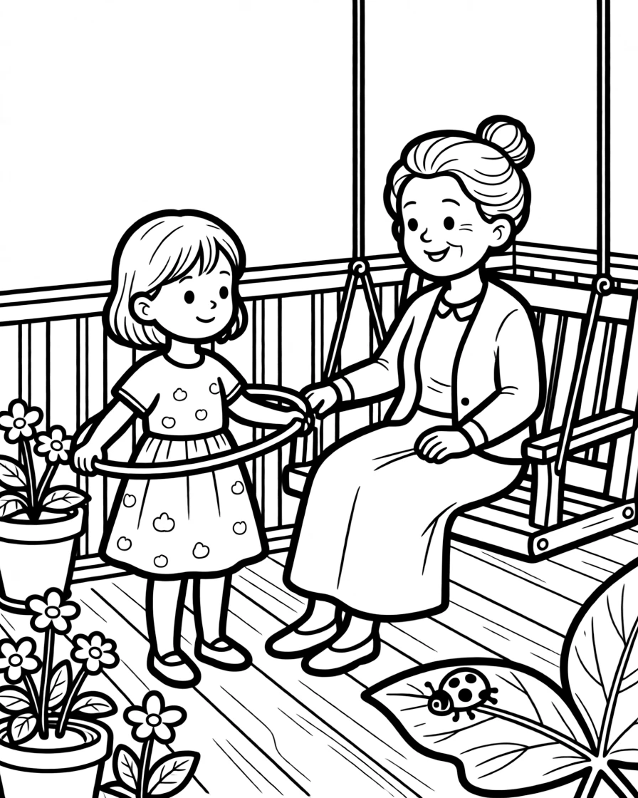 A quiet girl spinning a hula hoop with a great-grandmother on a porch swing as a ladybug crawls on a leaf.