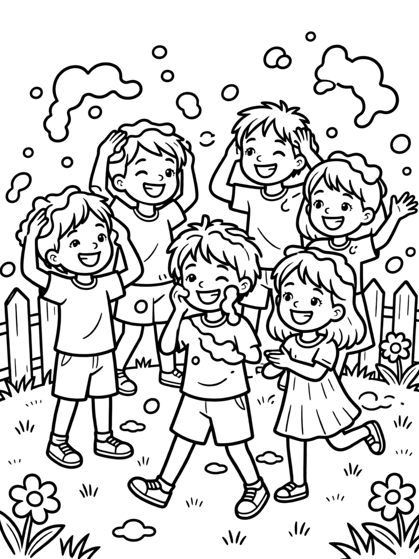 A team of neighborhood kids, wiping out playfully in a splash of foam and laughing it off.