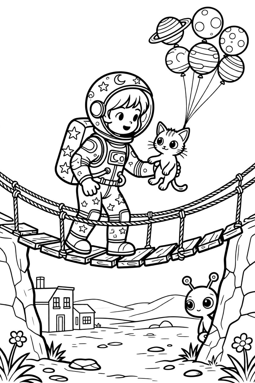 Astronaut Sable, a young space explorer in a starry spacesuit rescuing a stranded alien kitten from a crumbling rope bridge near a small frontier town on a dusty desert moon, surrounded by a curious alien creature peeking out from behind a rock and a cluster of balloons shaped like planets.