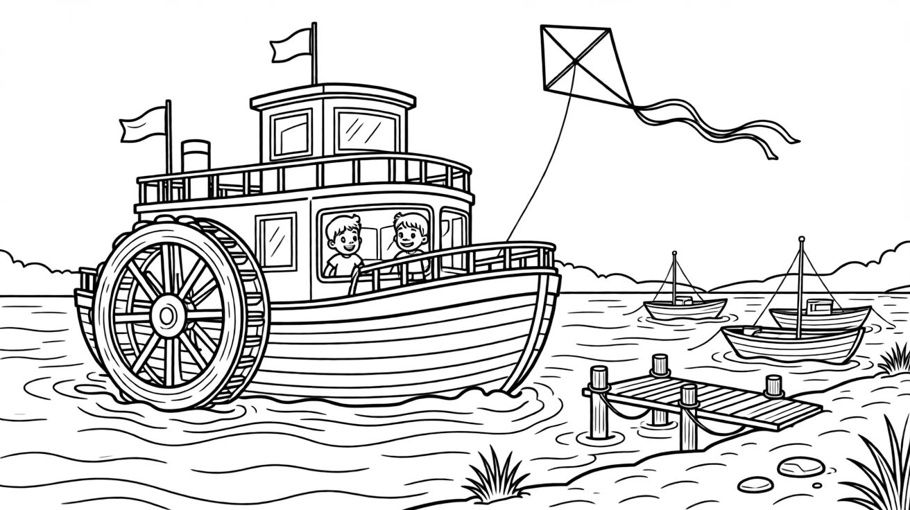 A big, friendly a paddle-wheel riverboat drifting past a sandy riverbank rolls through a riverside dock where fishing boats bob gently, with twin siblings pressing their faces to the window enjoying the ride and a kite dancing in the breeze above adding a playful touch.