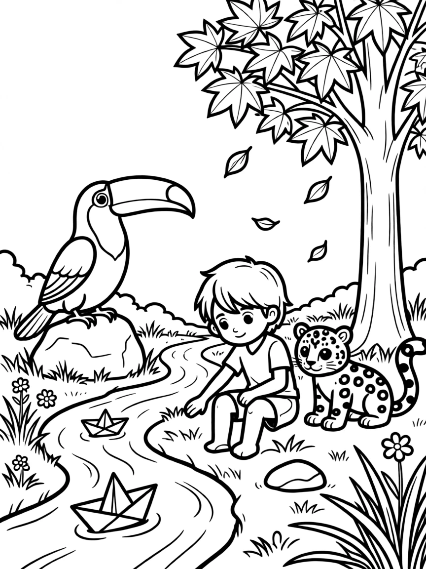 A toucan on a mountaintop meadow, floating paper boats down a stream with a snow leopard cub, next to a maple tree in autumn colors, while a gentle breeze scatters flower petals.