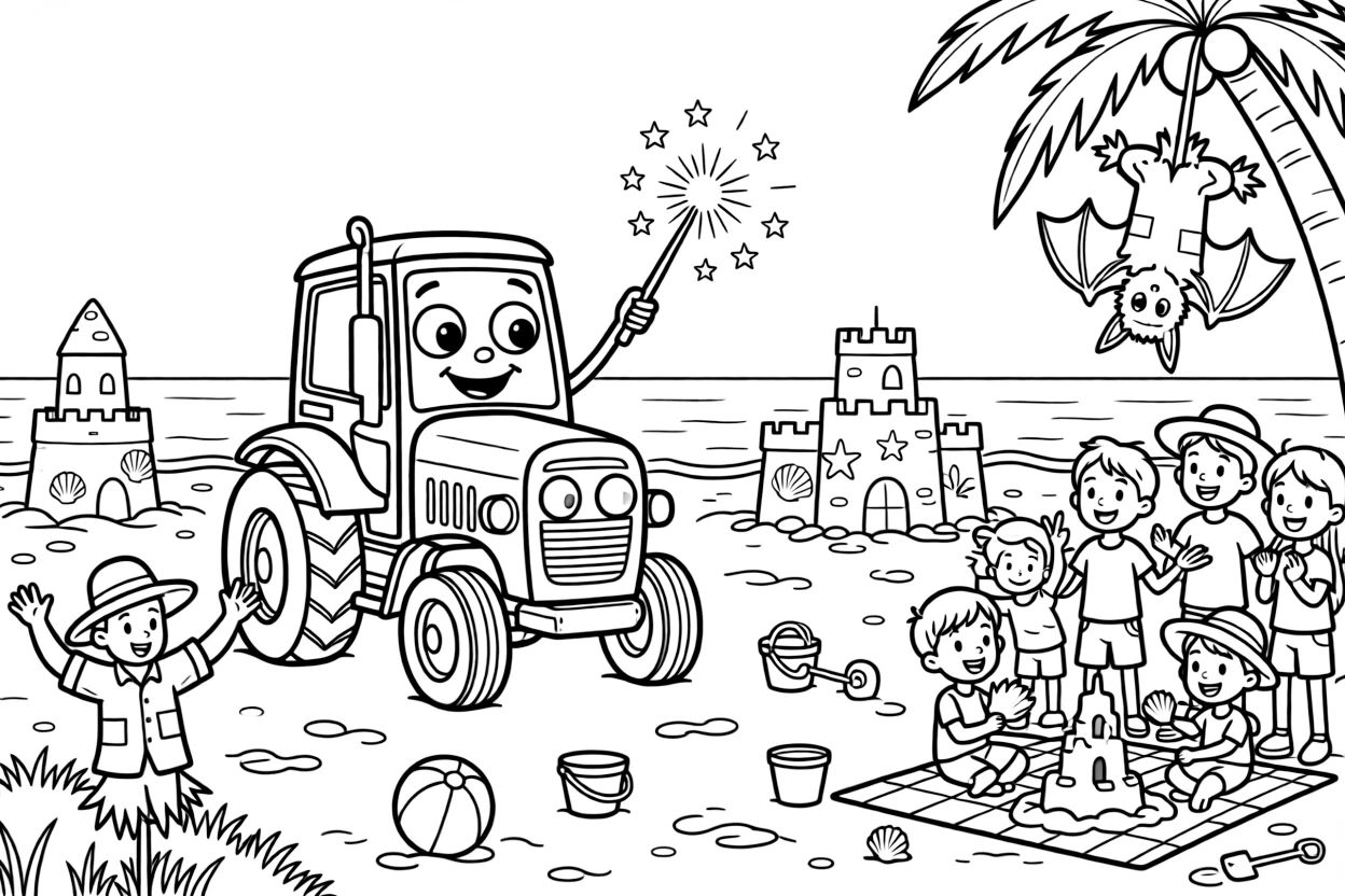 A tiny tractor with a friendly face is practicing magic tricks with a sparkly wand at the beach among sandcastles and seashell forts, joined by a cheerful scarecrow waving from the field and a friendly bat hanging upside down nearby. The whole neighborhood has come out to join the fun.