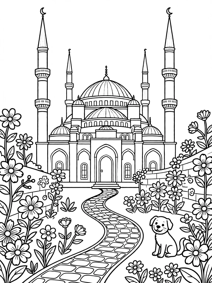A coloring page of a charming home scene in Turkey showing a blue-tiled mosque with tall pointed minarets, with a garden path, a small pet, and flowers growing along the walls.