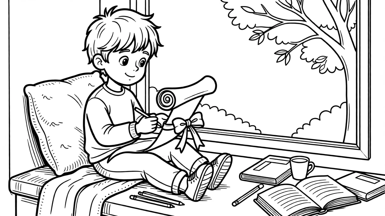 a wide-eyed little boy sits in a sunny window seat and writes a wish list of book titles on a scroll tied with ribbon.