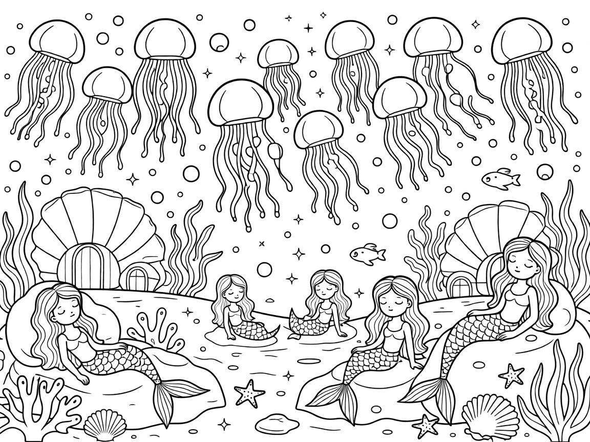 A cluster of glowing jellyfish drift above a sleeping mermaid village, lighting the water like floating lanterns.