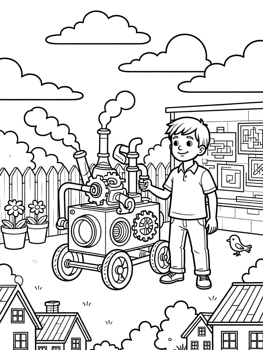 [Imaginative Inventions] a young inventor with a wild contraption testing a brand-new invention in the backyard above a small neighborhood. In the background, blueprints are pinned to the workshop wall, adding extra fun to explore. Smoke puffs playfully from a small pipe. It all happens in the late afternoon, with fluffy clouds drifting overhead.