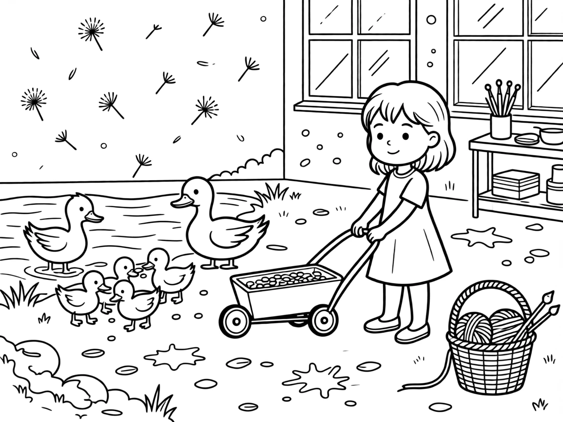 A girl pulling a little red wagon is feeding a family of ducks by the water's edge inside an art studio splattered with paint. Just beyond, a basket of yarn and knitting needles nearby and floating dandelion seeds catching the light make the setting feel extra special.