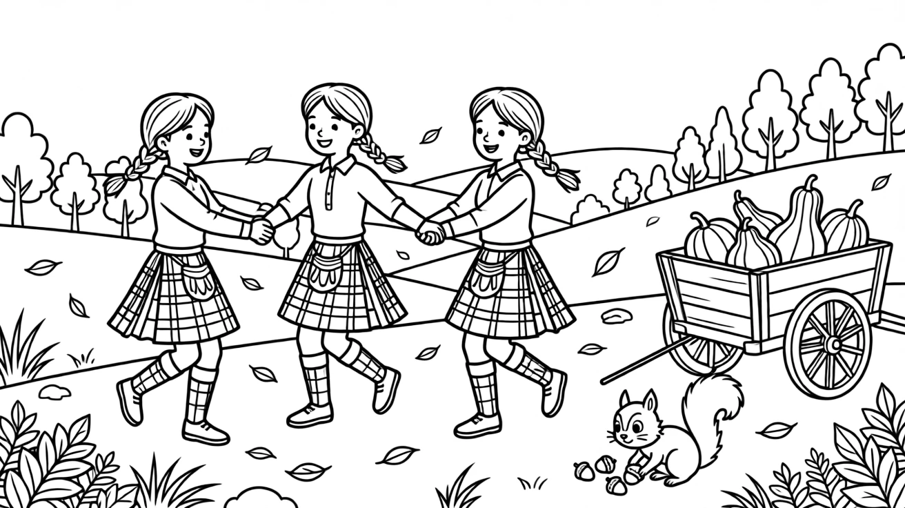 A close-up of dancers performing a lively Highland reel on a hillside overlooking a valley of changing leaves, surrounded by a wagon full of gourds and a squirrel gathering acorns.