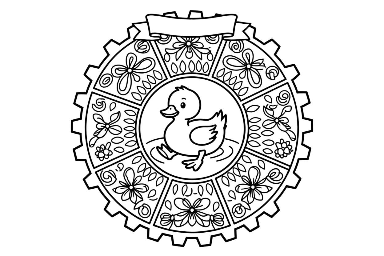 Farm Animals: The main subject is a duckling paddling with tiny webbed feet, drawn as the focal point of a gear-wheel mandala with even notches around the rim. It is set at the core of the page, with the pattern unfolding outward in eight matching symmetrical segments. Decorative details fill the surrounding space, including loops of ribbon curling back on themselves, clusters of tiny acorns, and rows of teardrop-shaped petals woven throughout the background. A playful extra touch completes the page: a little blank banner tucked into the design, ready for a name to be added.