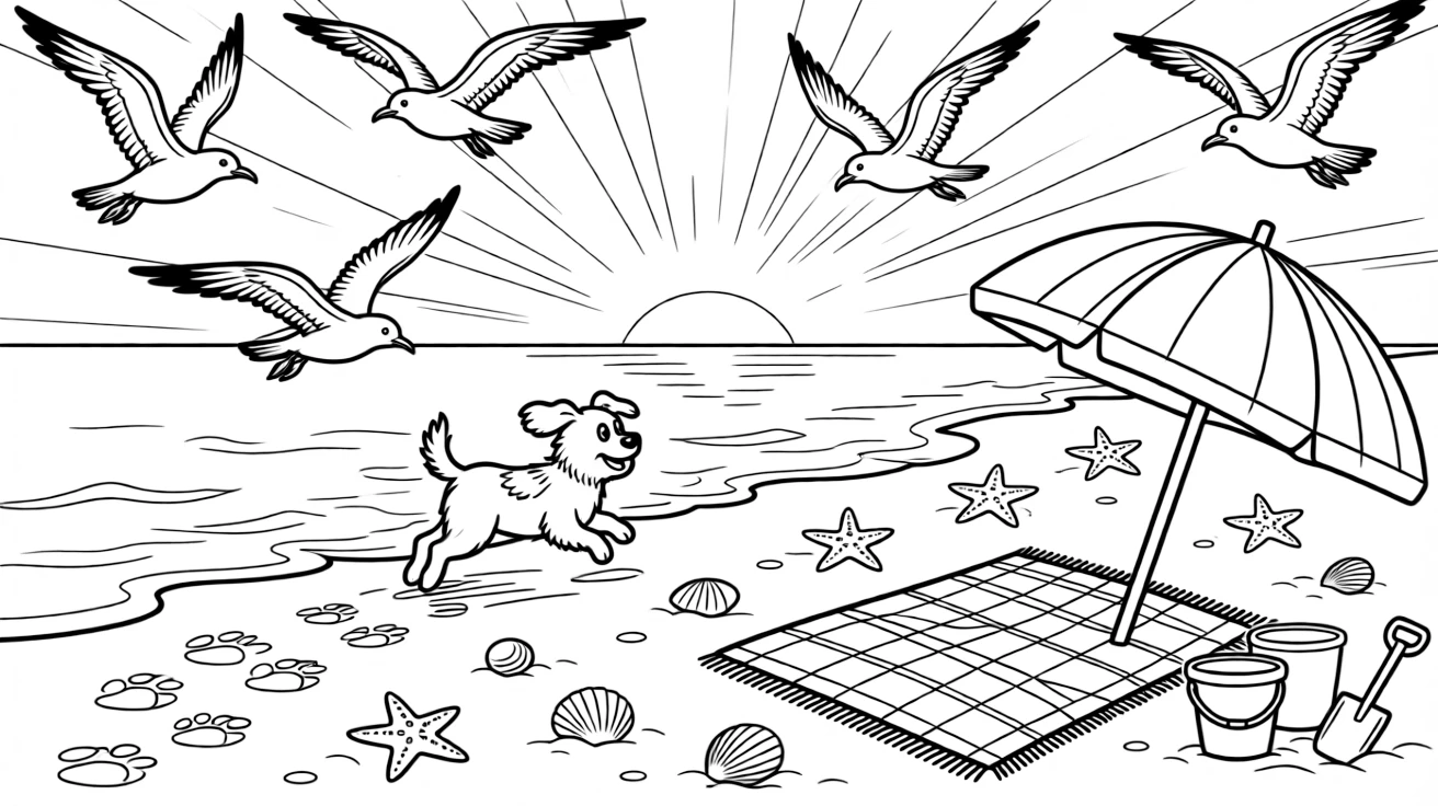 [Sandy Beaches] A little dog chases seagulls along the shore, leaving a trail of paw prints in the wet sand. Seagulls circle overhead while starfish and shells are scattered across the wet sand. A striped beach umbrella and a woven picnic blanket sit near a row of overturned buckets and shovels. Soft morning light glows over the calm sea as the first footprints appear in the sand.
