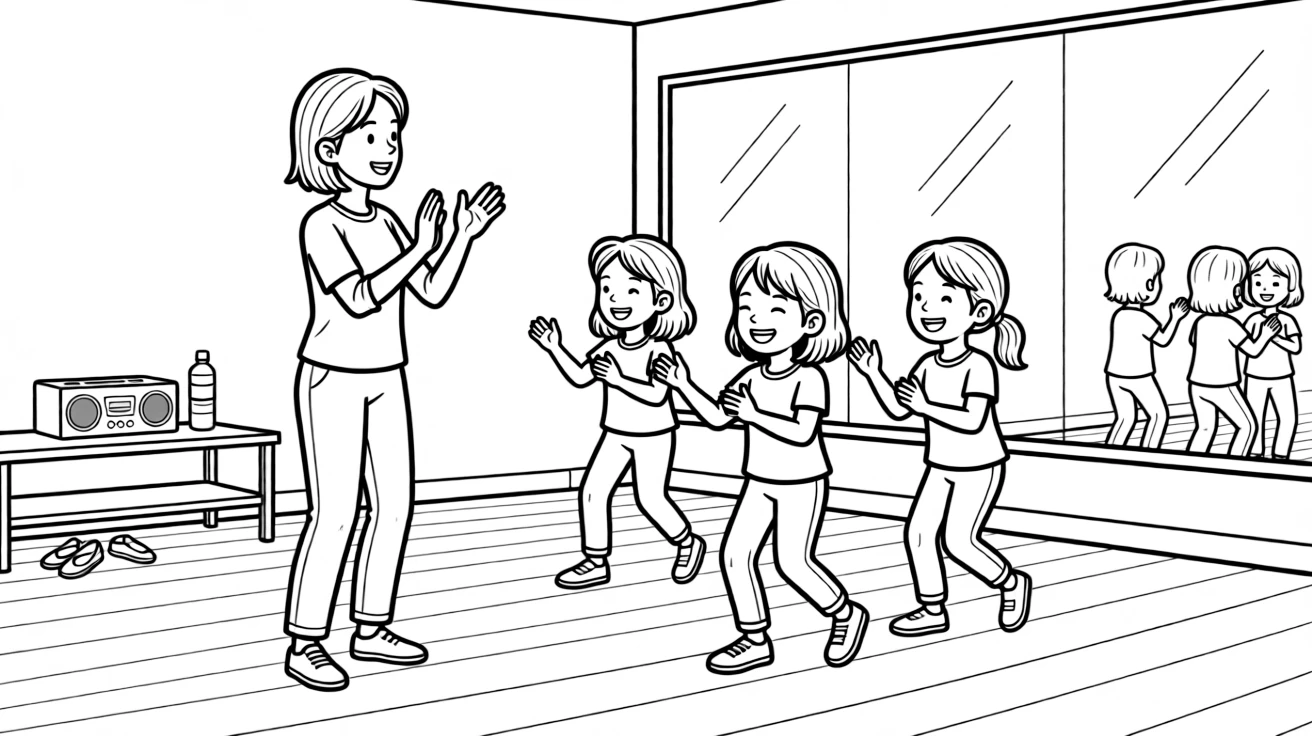 A dance teacher claps a rhythm while young students practice a routine in a mirrored room.