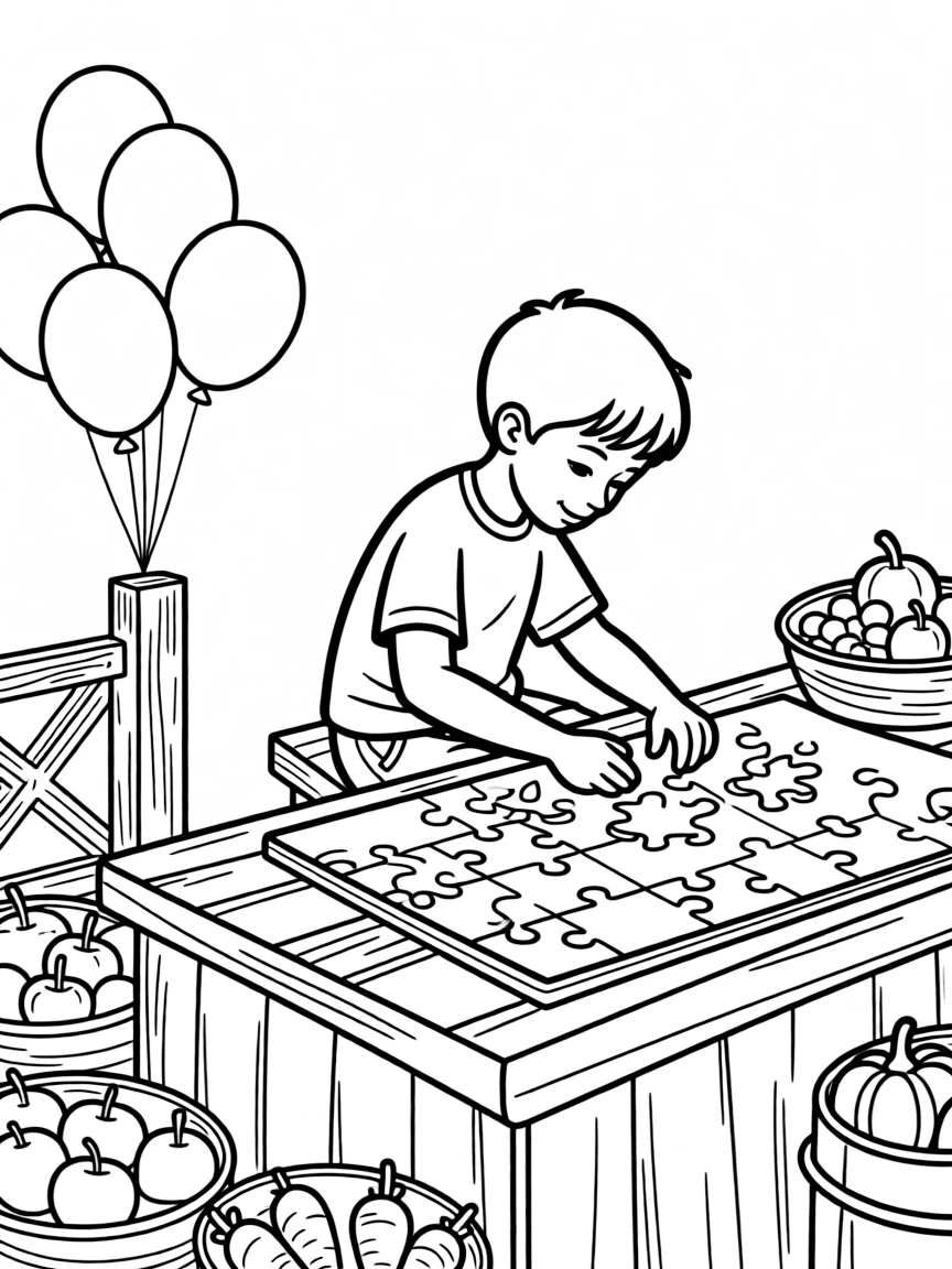 A talkative boy putting together a puzzle alone at a farmers market stall, deeply focused, with balloons tied to a fence post.