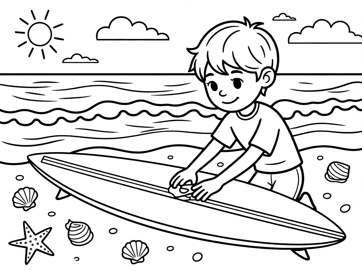 A shy new student, waxing a surfboard on the beach while watching the waves roll in.