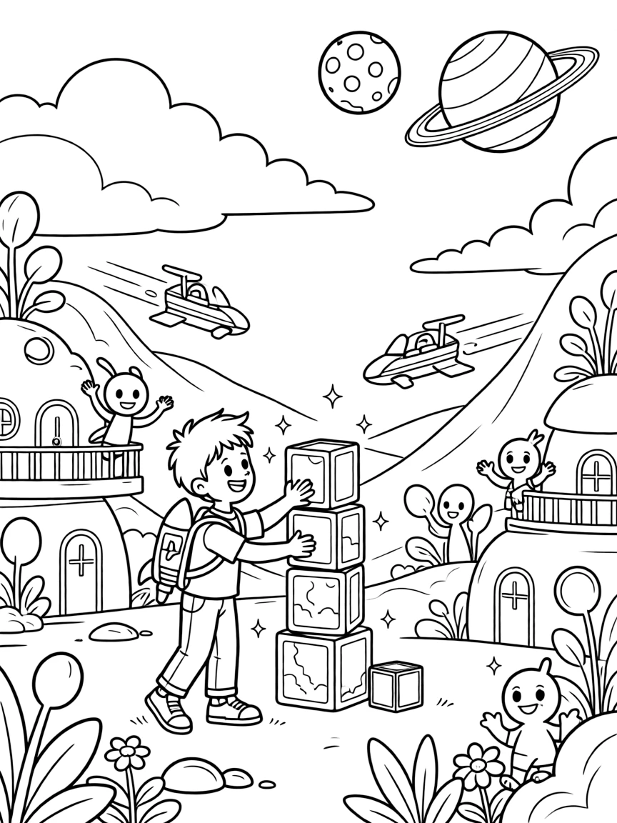 Inventor kid Glimmer testing a jetpack backpack stacking glowing blocks to build a tower reaching the clouds, in a hidden valley on a distant planet ringed by twin moons, with friendly aliens waving from nearby balconies and a fleet of hover-scooters zipping past in the background nearby.