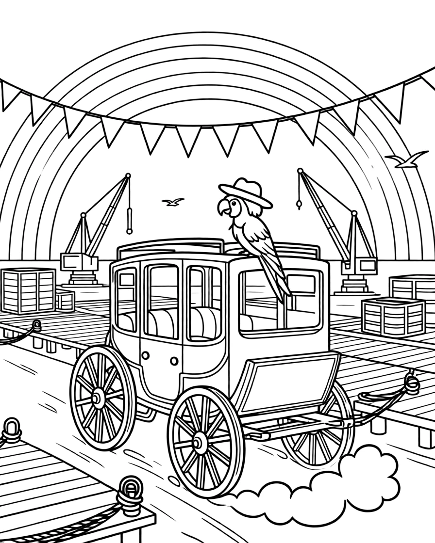 A coloring page featuring a rickety stagecoach kicking up dust on a dirt trail, traveling through a busy harbor lined with docks, cranes, and stacked crates, with a parrot perched on the captain's shoulder and a string of triangle pennant flags overhead and a rainbow arching across the sky filling the scene.