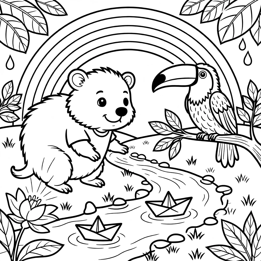 A wombat floating paper boats down a stream with a toucan under a rainbow after the rain, near a magical glowing flower, as dewdrops sparkle on the leaves.