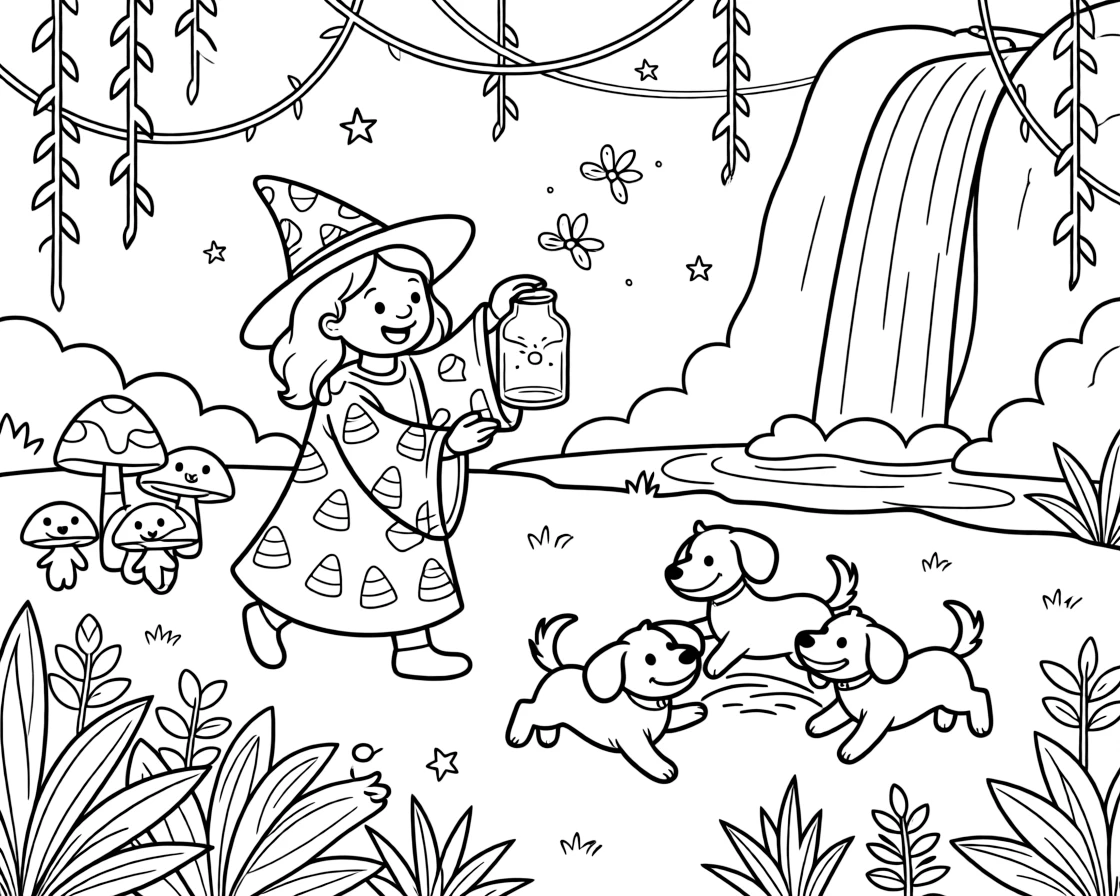 A gentle candy corn wizard is catching fireflies in a jar to light up the night in a jungle clearing with hanging vines and waterfalls, joined by a cluster of giggling mushroom sprites and three bouncing puppies chasing their tails. The whole scene bursts with joy and adventure.