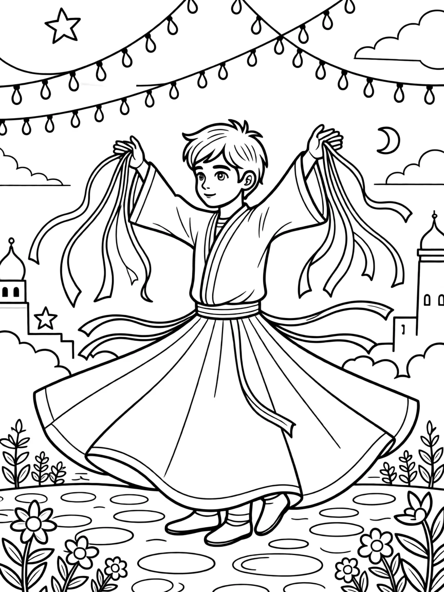 A coloring page of a lively performance in Turkey featuring a whirling dervish spinning gracefully in flowing white robes, decorated with ribbons, streamers, and twinkling string lights overhead.