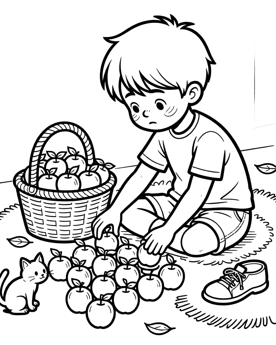 a shy young boy counts a basket of shiny apples, lining them up in neat rows of ten.