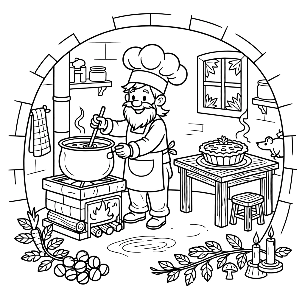 A gnome chef prepares a feast of acorn stew and berry pie for the annual harvest banquet in a candlelit burrow.