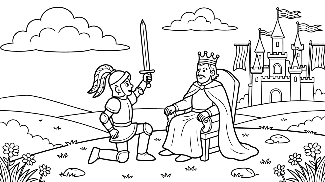 [Knights] a knight raising a sword in triumph kneeling before a king on a hillside overlooking a kingdom, gasping in amazement, while colorful banners hang from castle towers fills the surrounding area. A plumed helmet gleams in the sunlight. Set at sunrise, with fluffy clouds drifting overhead, the page bursts with adventure and imagination.