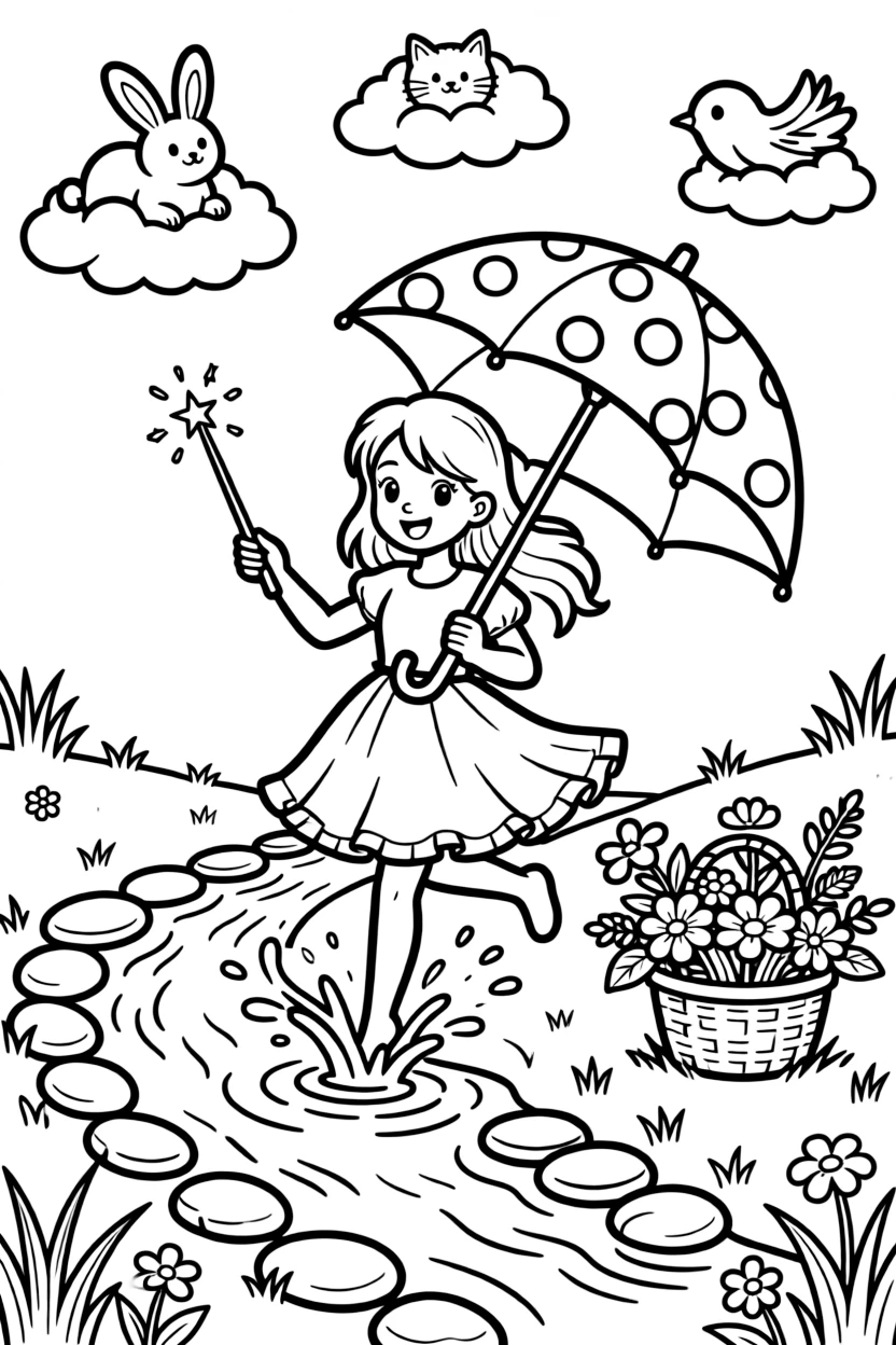 A fairy godmother girl waving a sparkling wand is splashing through puddles with a polka-dot umbrella beside a babbling brook lined with smooth stones. Close by, a basket brimming with fresh flowers and fluffy clouds shaped like little animals bring the scene to life.