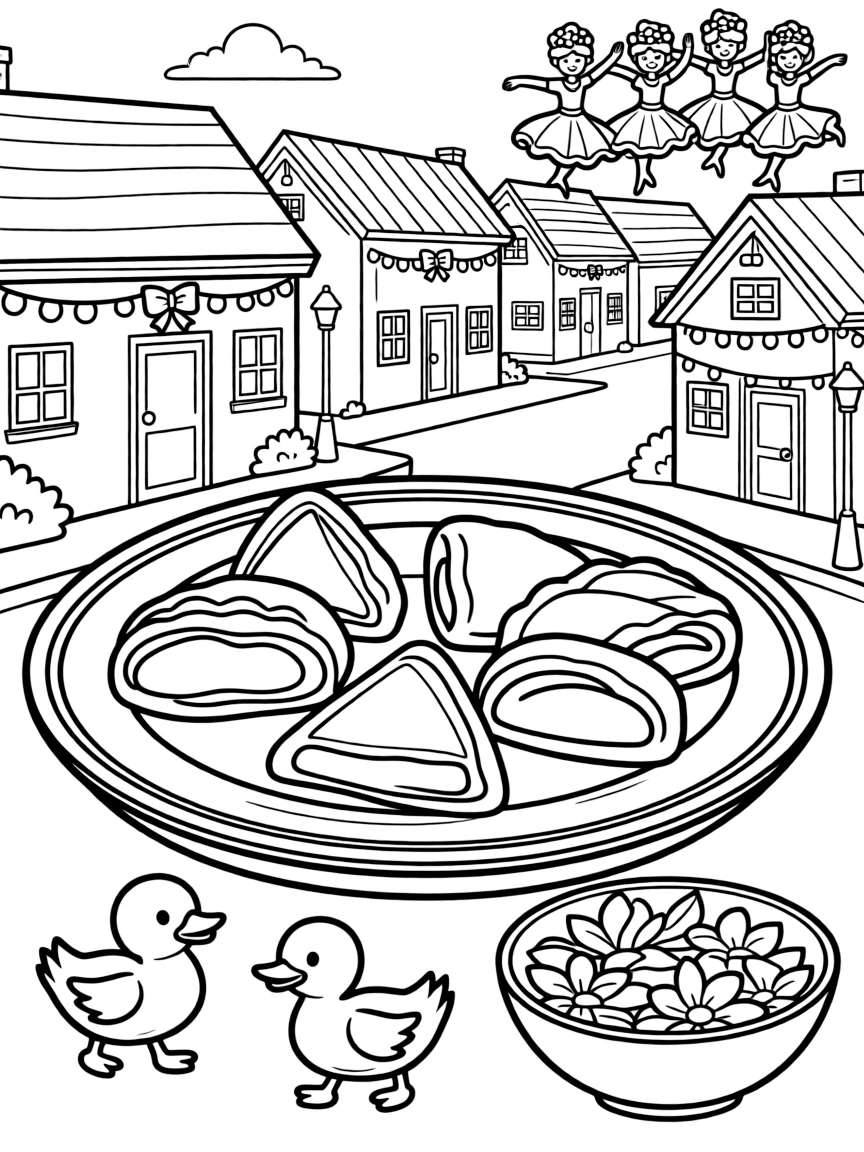 A plate of triangular filled pastries in a neighborhood where every house has festive decorations, alongside a waddling duckling and a bowl of fresh flower petals, with a group of dancers in bright costumes close by.