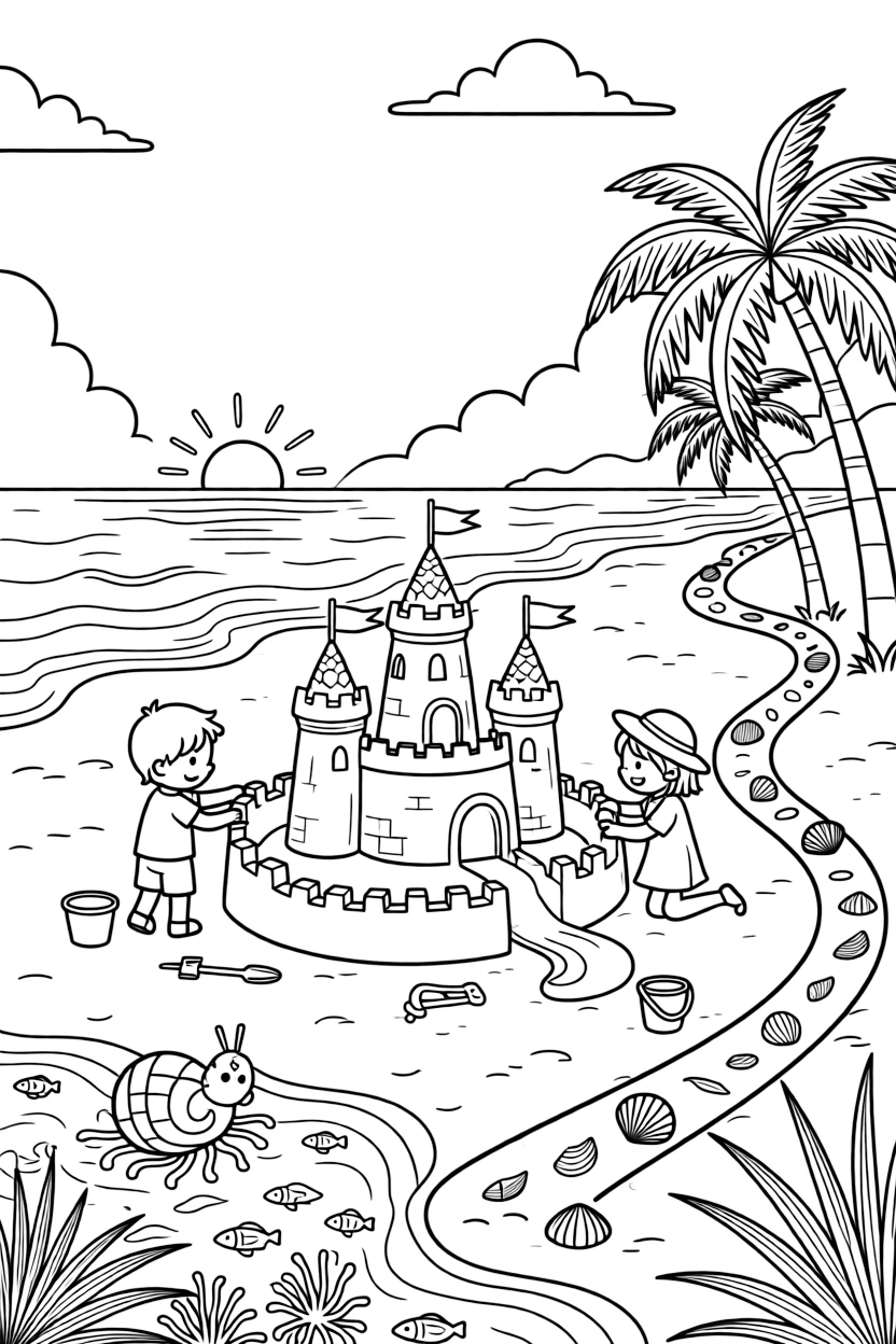 [Sandy Beaches] A group of children build an elaborate sandcastle complete with towers, a moat, and a seashell flag. A hermit crab explores a cluster of tide pools filled with tiny fish and colorful anemones. Palm trees lean over the dunes near a winding path of scattered seashells. The sun sparkles across the gentle waves beneath a sky dotted with fluffy clouds.