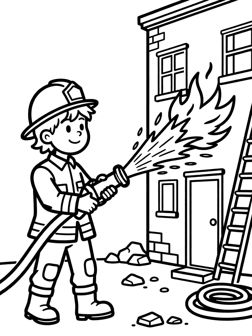 A firefighter sprays a powerful hose at flames shooting from a burning building.