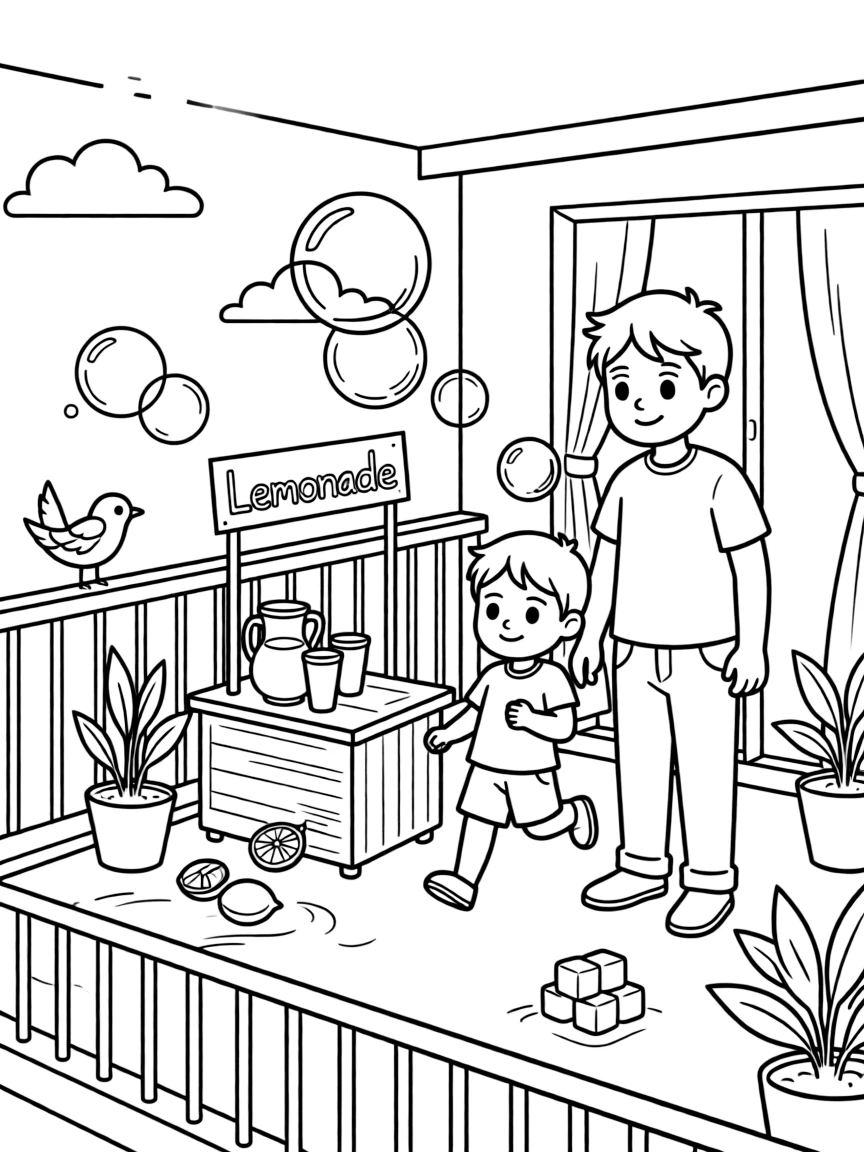 A young child running a lemonade stand with a big brother on an apartment balcony as soap bubbles float upward.