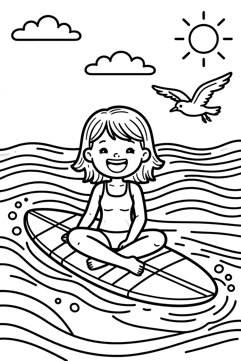 An energetic girl with a big smile, sitting on a surfboard beyond the breakers, waiting for the perfect wave.