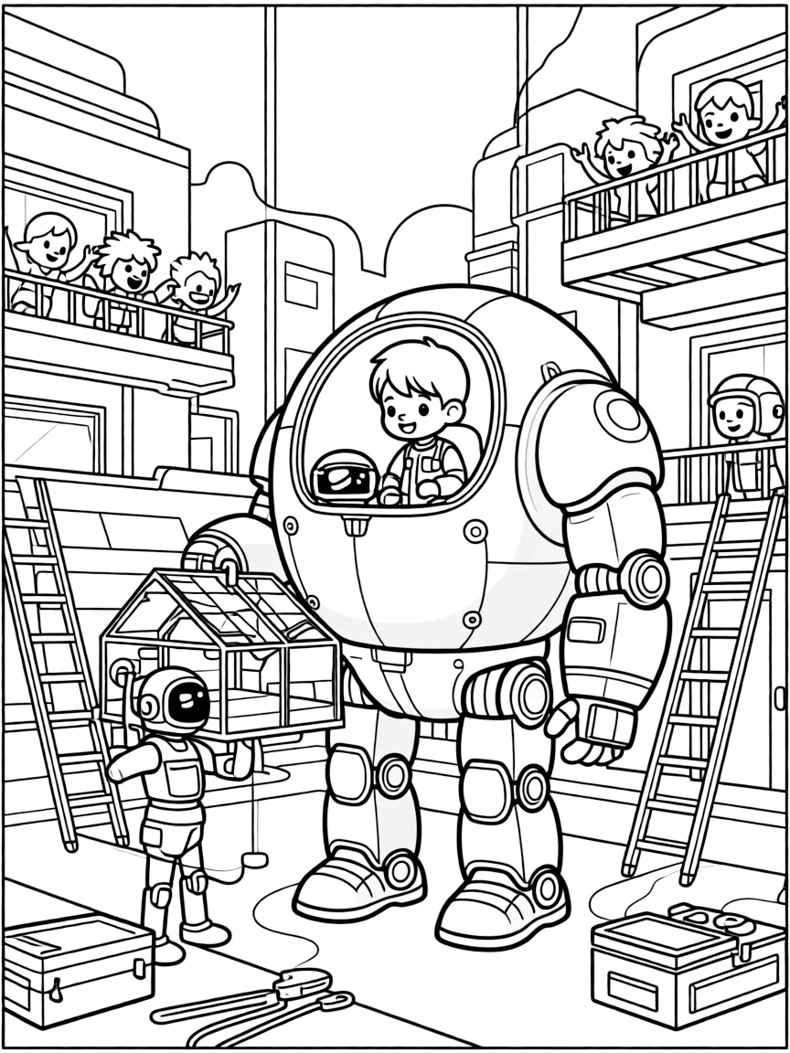 In a busy shipyard where spaceships are built and repaired, young pilot Lumen riding inside the friendly giant mech Solar Sentinel grafting a new solar panel onto a robot farmer's greenhouse, while friendly aliens waving from nearby balconies adds to the excitement.