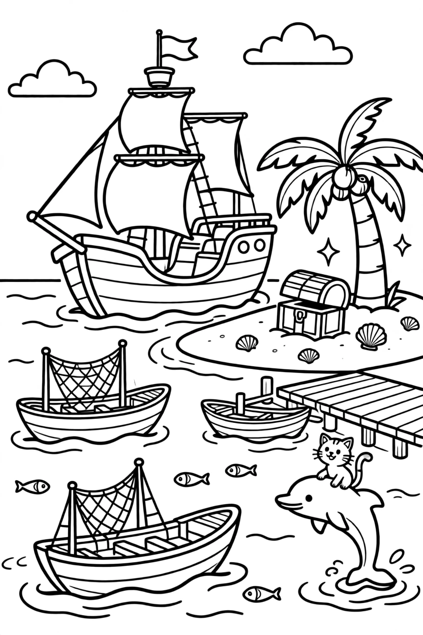 A big, friendly a pirate ship anchored near a treasure-marked island rolls through a riverside dock where fishing boats bob gently, with a curious cat perched on the hood enjoying the ride and a friendly dolphin leaping alongside in the waves adding a playful touch.
