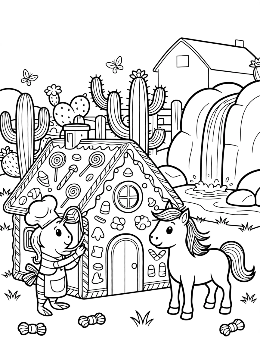A shrimp decorating a gingerbread house with a unicorn foal on a farm at sunrise, near a cactus garden, as a gentle waterfall splashes in the background.