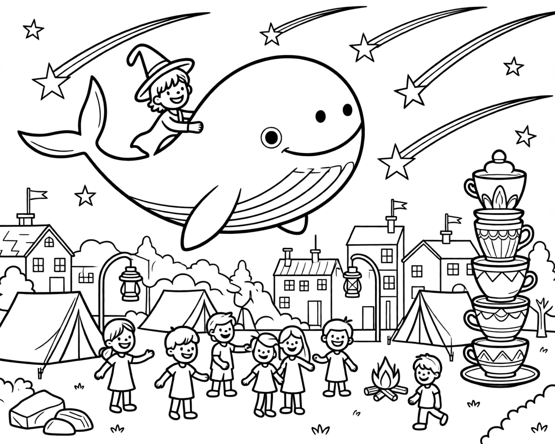 Energetic and full of excitement, a little wizard apprentice spends the day steering a hot air balloon shaped like a whale at a campsite under a sky full of shooting stars. Nearby, a wobbly tower of stacked teacups adds to the fun. The whole neighborhood has come out to join the fun.