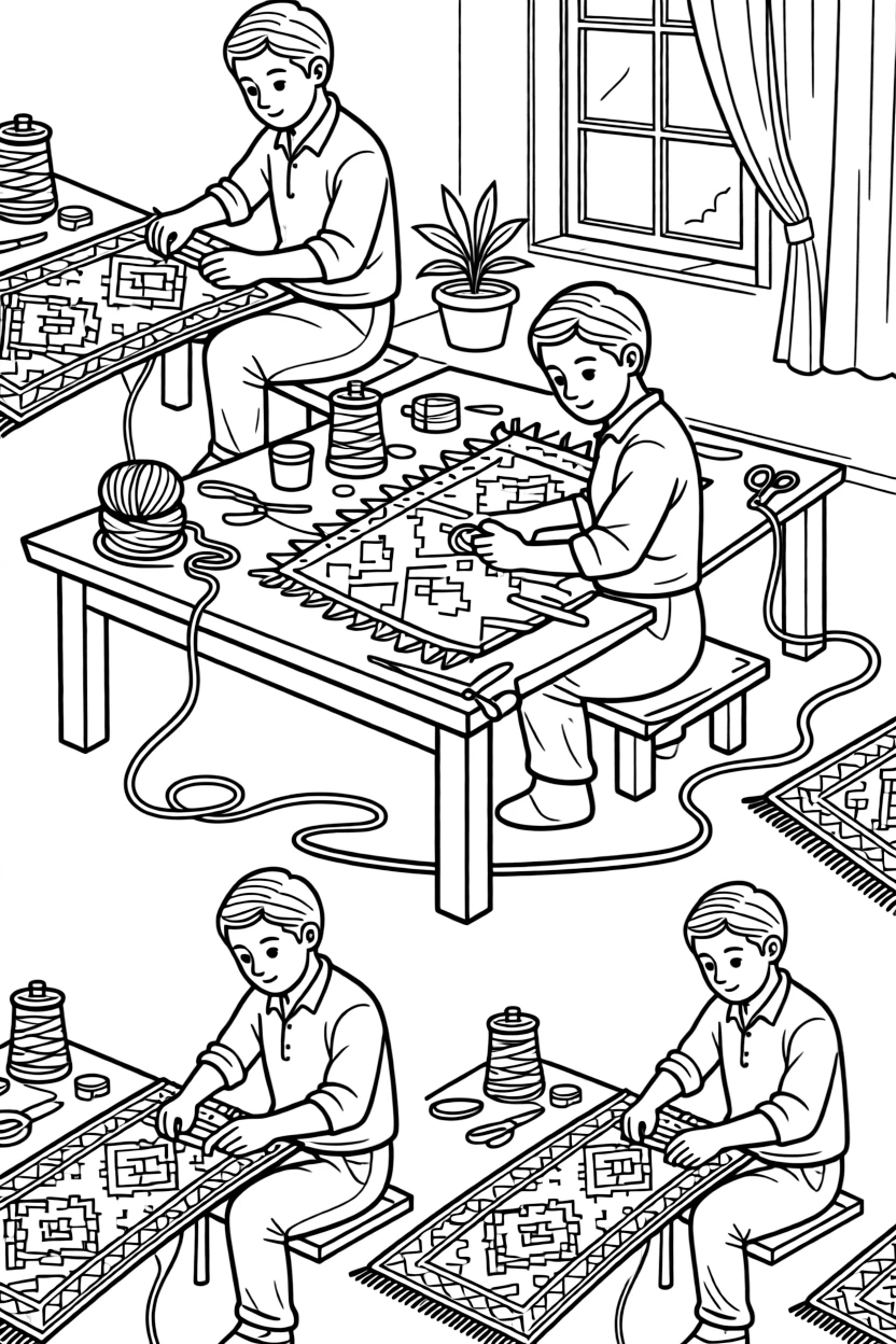 A coloring page of a craftsman weaving a colorful Turkish carpet by hand in Turkey, shown step by step with helpful hands and a workshop table full of materials.
