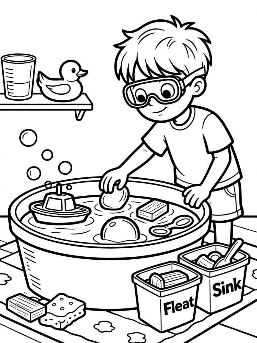 a bold young boy in safety goggles tests which objects float or sink in a tub of water, sorting them into two bins.