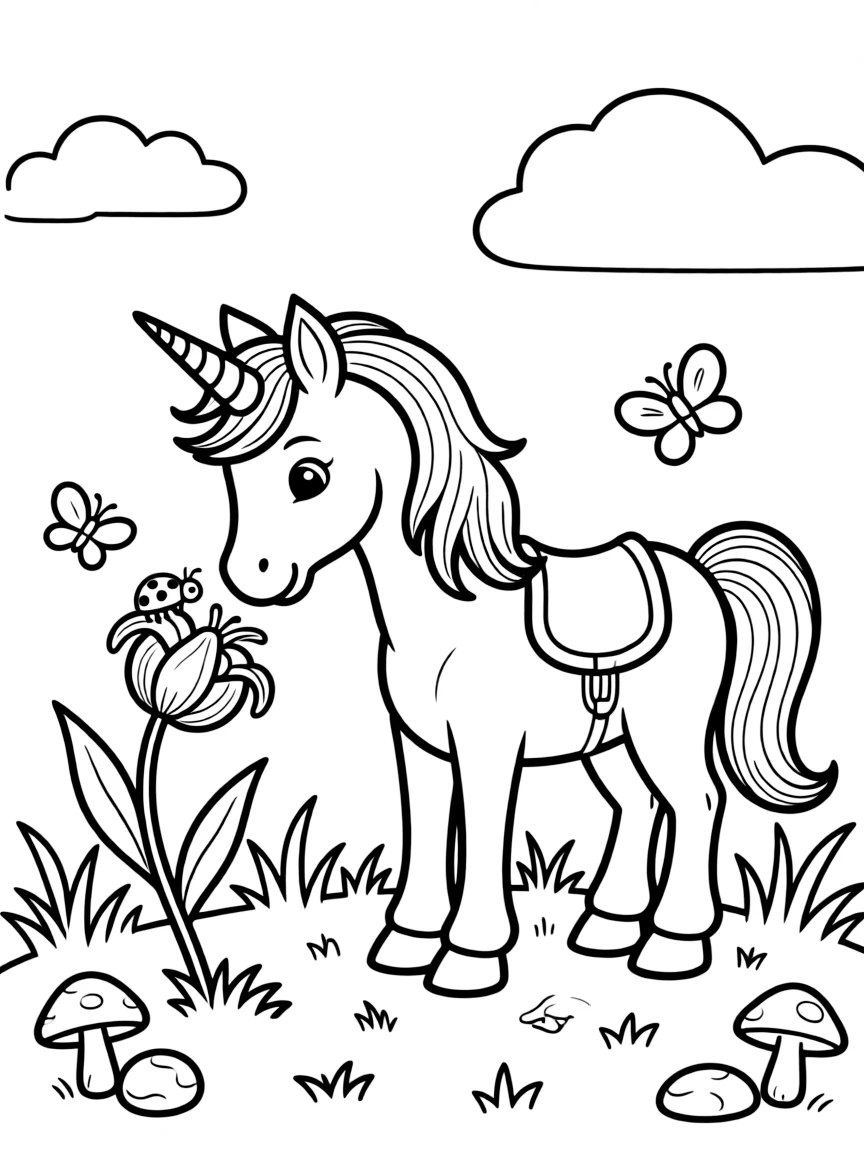 A young unicorn discovers its horn can heal a wilted flower, watching in wonder as petals bloom back to life.